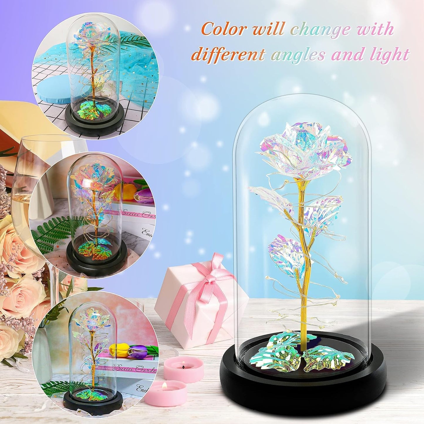 LED Rainbow Roses Glass Dome | Preserved Floral Gift, Night‑Light Décor