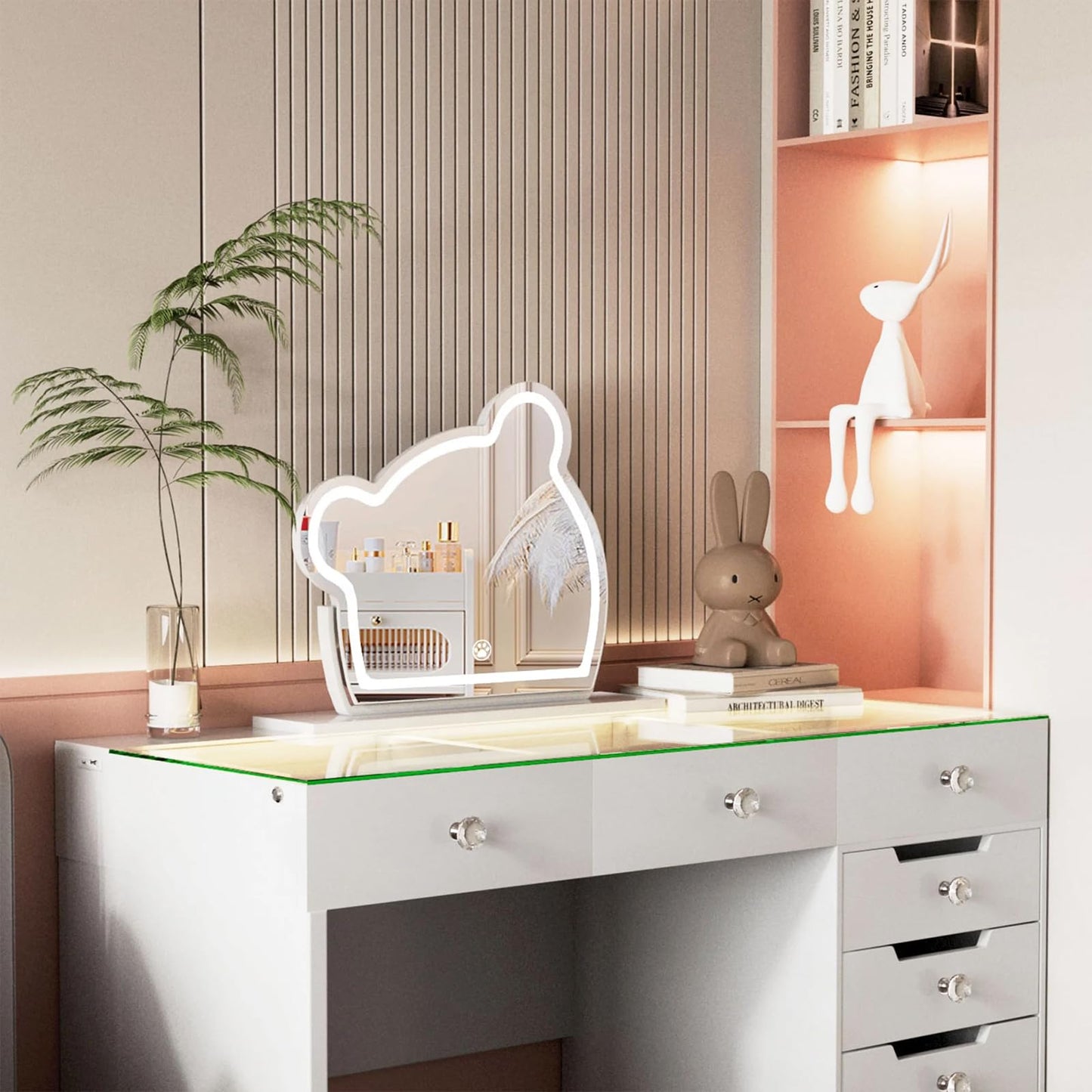 FENCHILIN Bear-Shaped Vanity Mirror with LED Lights – 40x35 cm