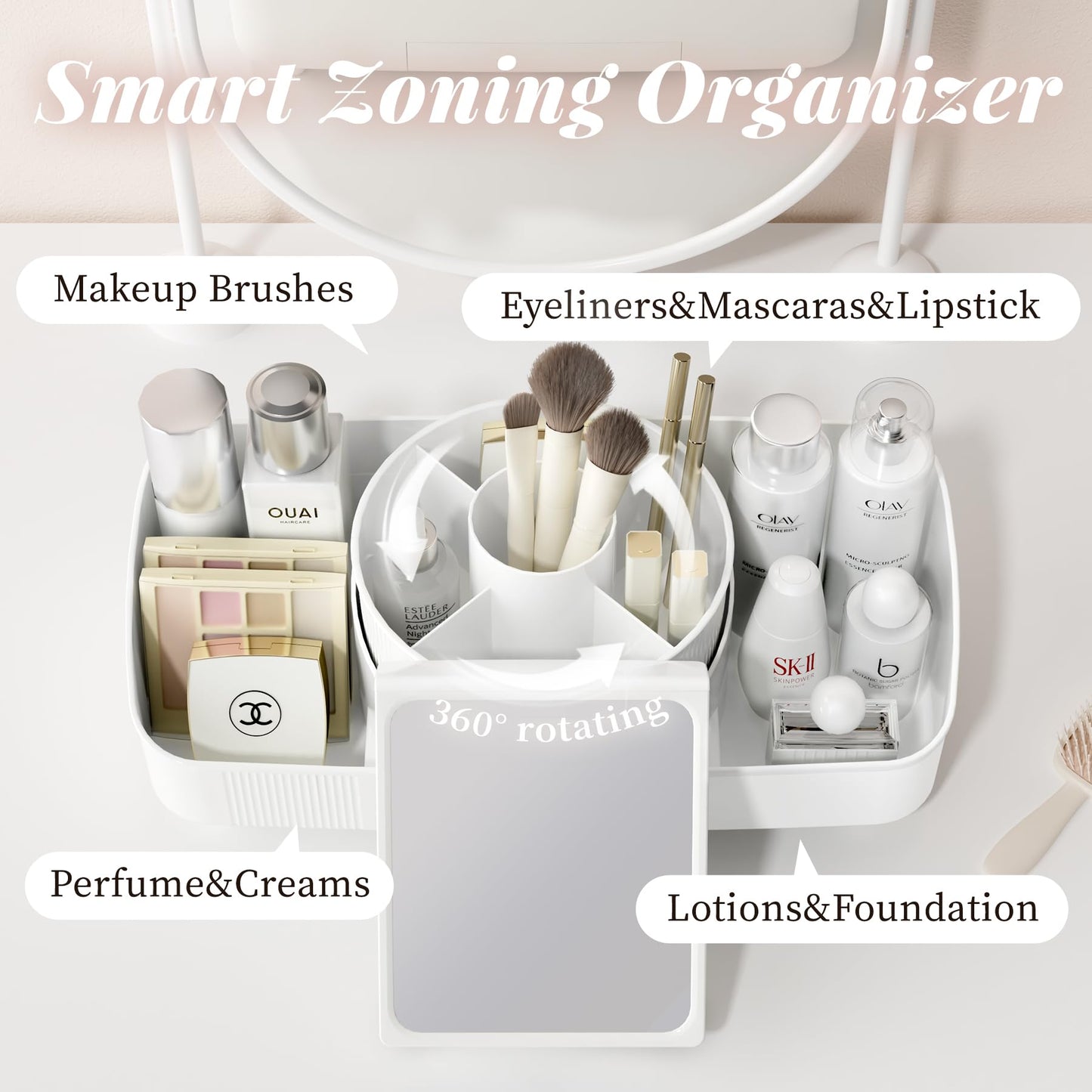 360° Rotating Makeup Organiser with Mirror – Large Capacity Cosmetic Storage Box | Multi-Compartment