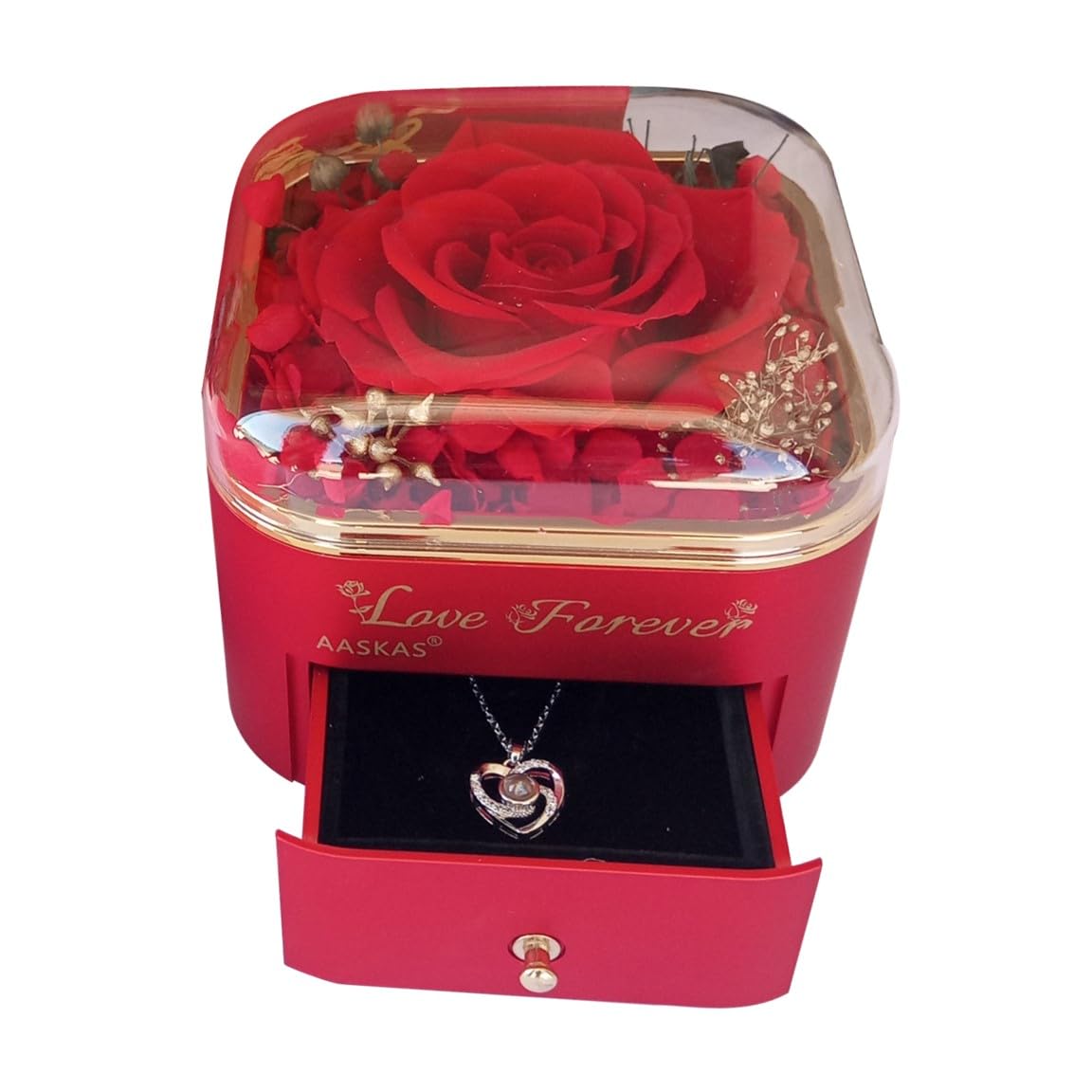 Preserved Red Rose Gift Box with “I Love You” Necklace in 100 Languages – Romantic Keepsake