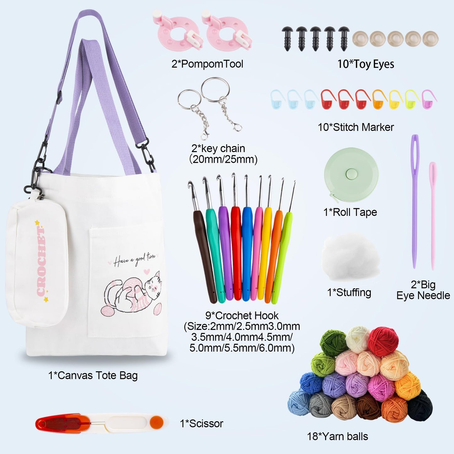 Renyiz Crochet Kit for Beginners – 14 Yarn Balls, Hooks & Accessories