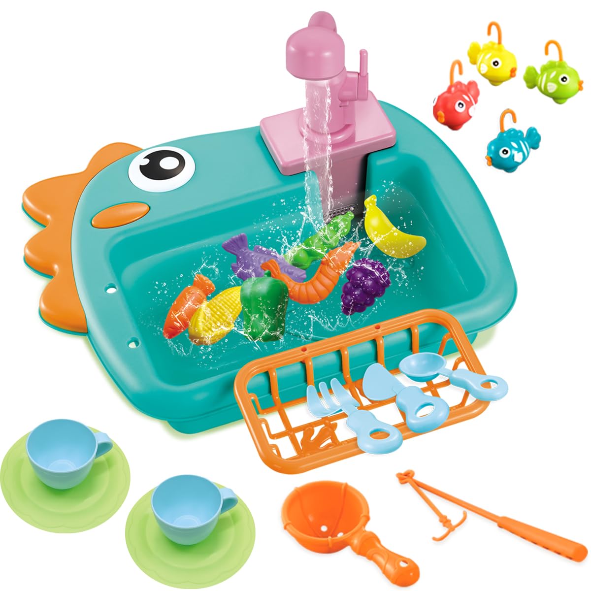 Dinosaur Kitchen Sink Toy with Running Water & Fishing Game for Toddlers