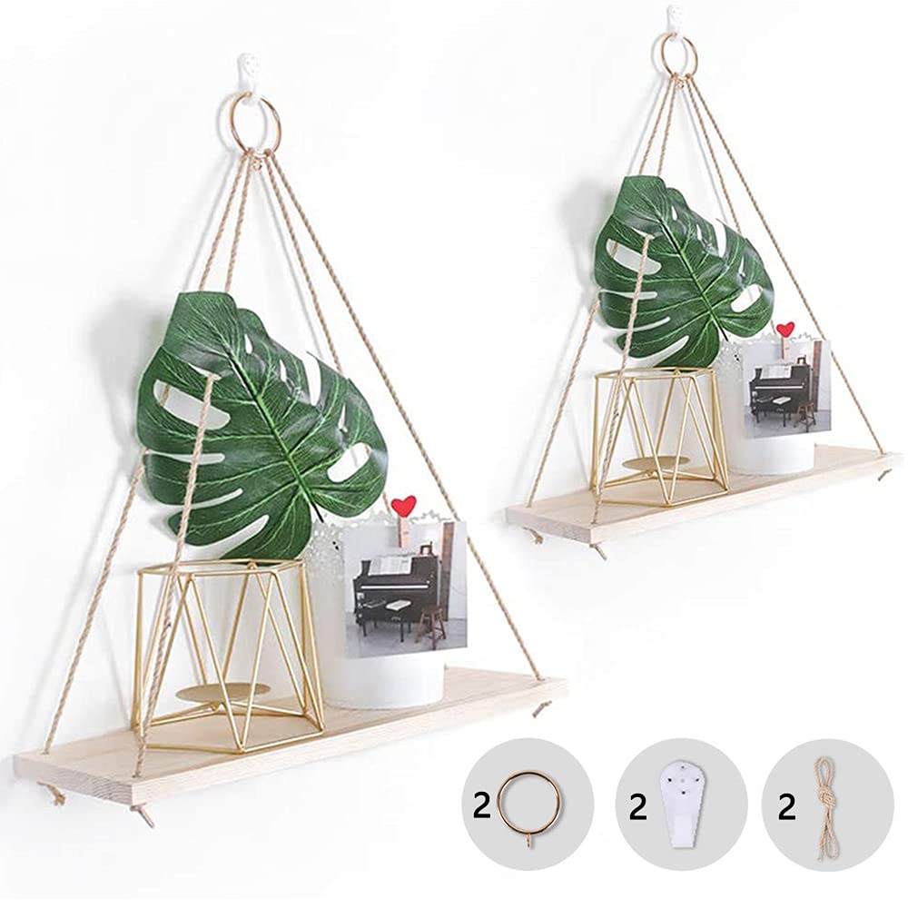 2-Piece Rustic Farmhouse Hanging Shelves - Distressed Wood & Rope Design