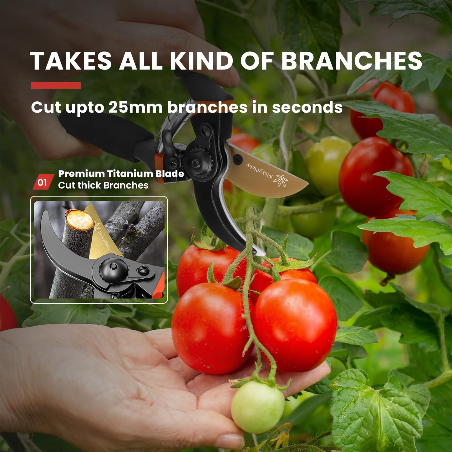 NickyPicky Heavy Duty Garden Secateurs – Titanium Blade, Ergonomic Grip