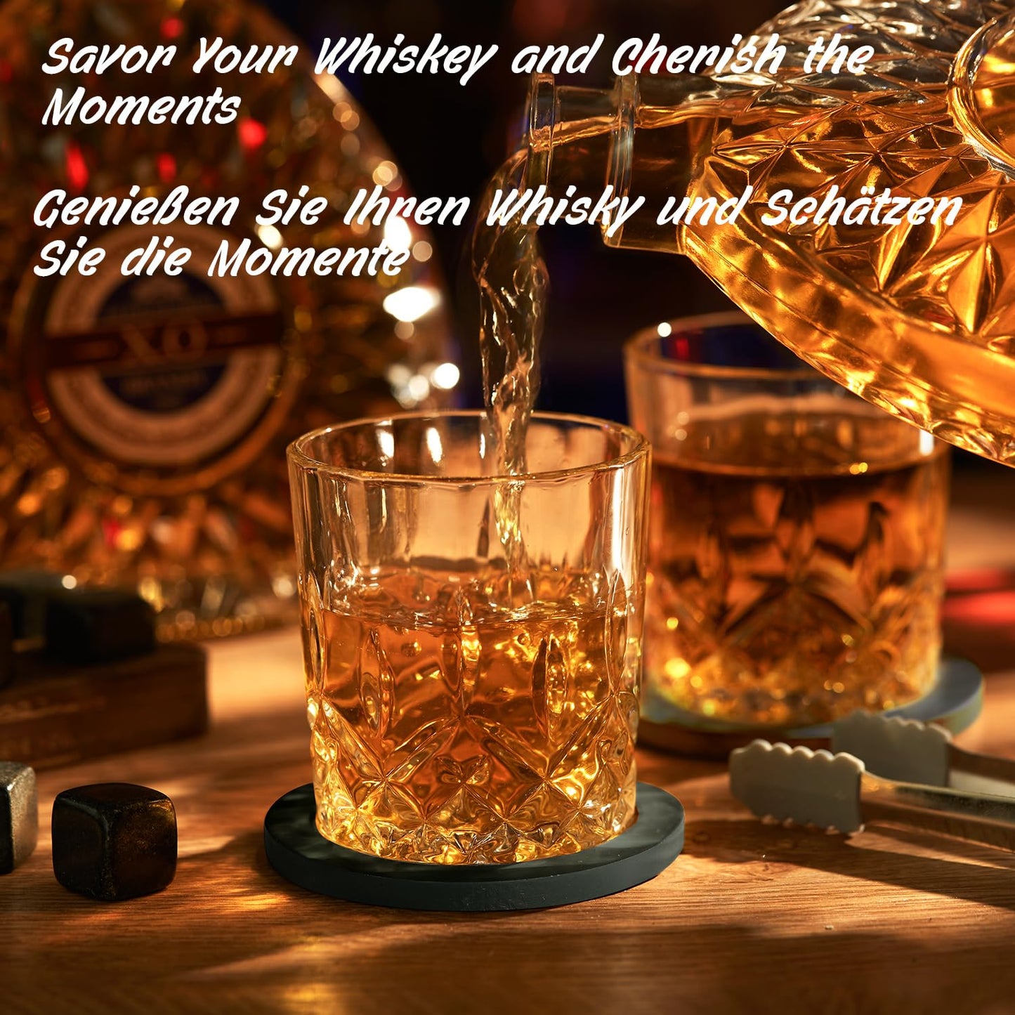 EASTSTORM Whisky Gift Set – 2 Glasses + 8 Chilling Stones & Wooden Box