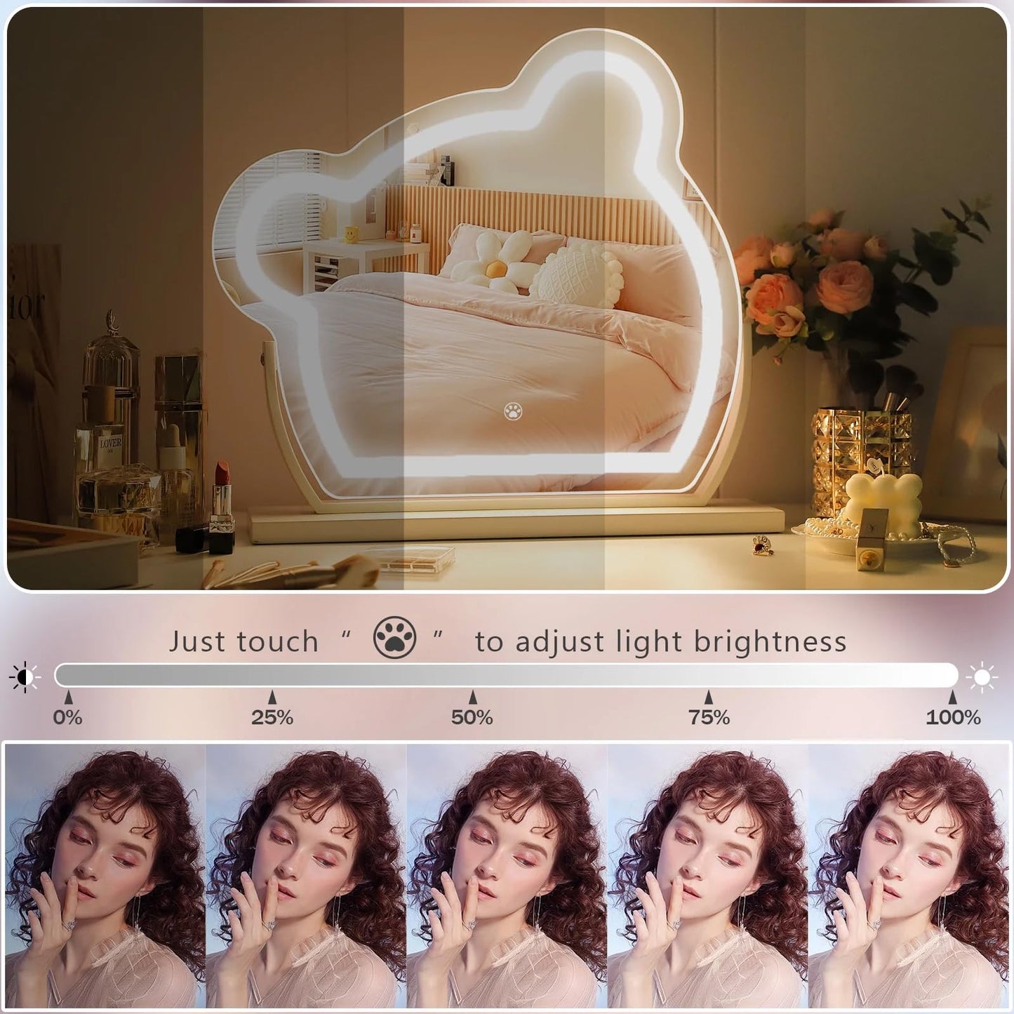 FENCHILIN Bear-Shaped Vanity Mirror with LED Lights – 40x35 cm