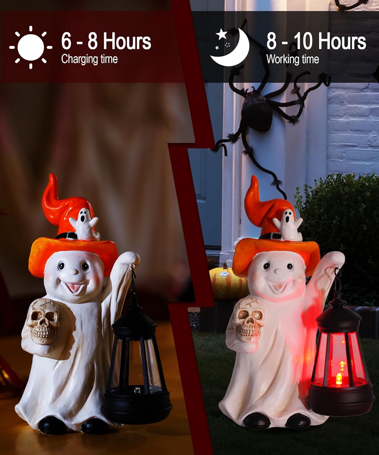 Solar Halloween Ghost Statue with Lantern and Cracked Skull Outdoor Resin LED