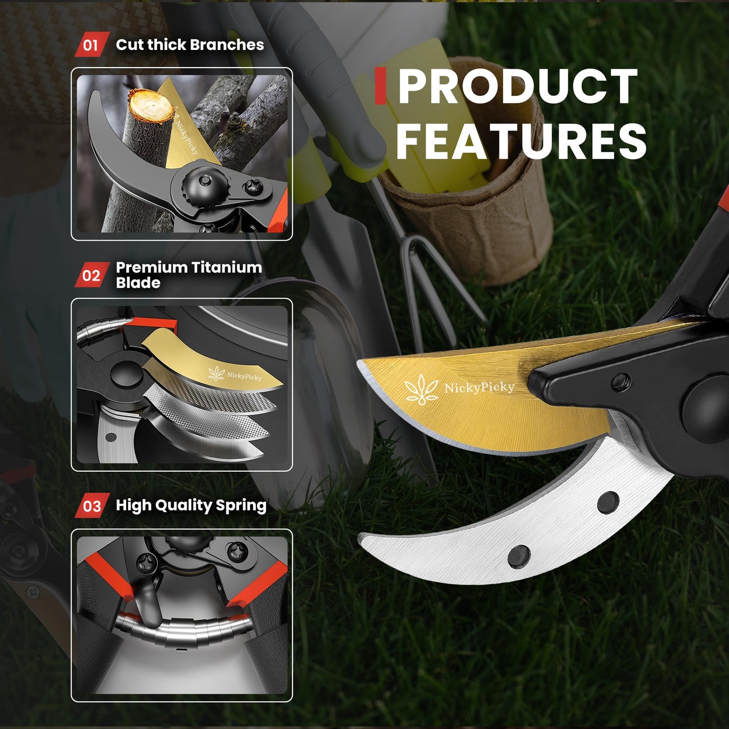 NickyPicky Heavy Duty Garden Secateurs – Titanium Blade, Ergonomic Grip