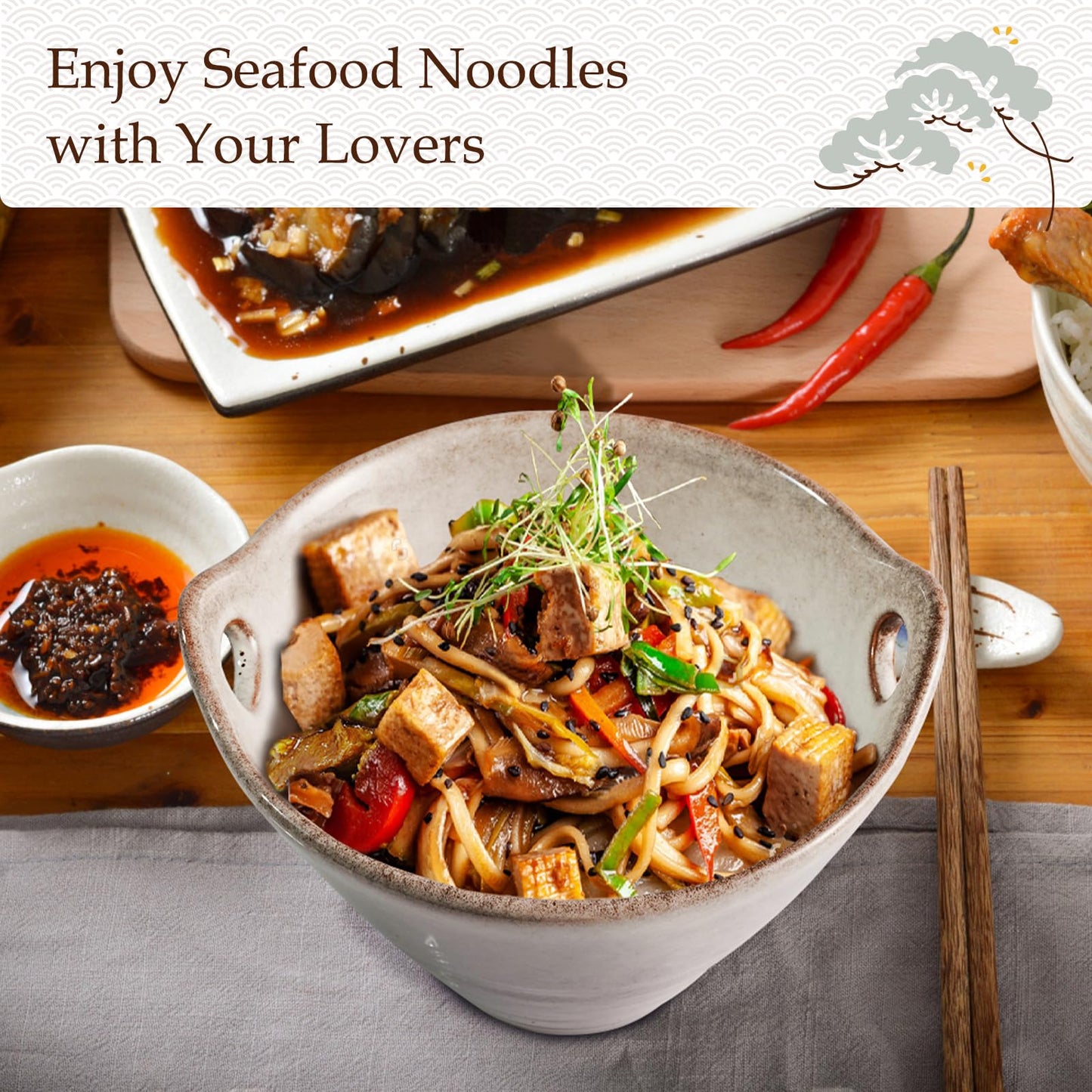 NUTRIUPS 700ml Ceramic Ramen Bowl Set with Spoons & Chopsticks - 2pcs