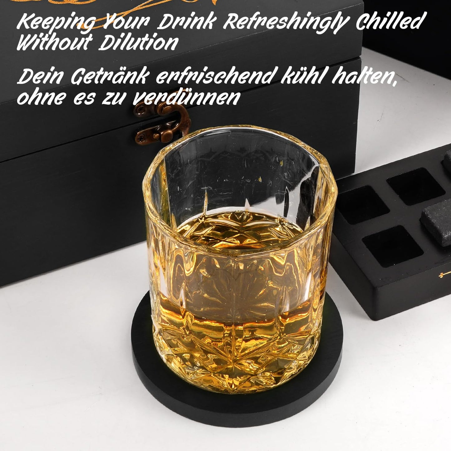 EASTSTORM Whisky Gift Set – 2 Glasses + 8 Chilling Stones & Wooden Box