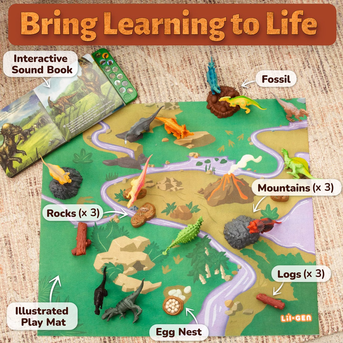 Li'l-Gen 12 Dinosaur Figures with Sound Book & Play Mat - Kids 3+