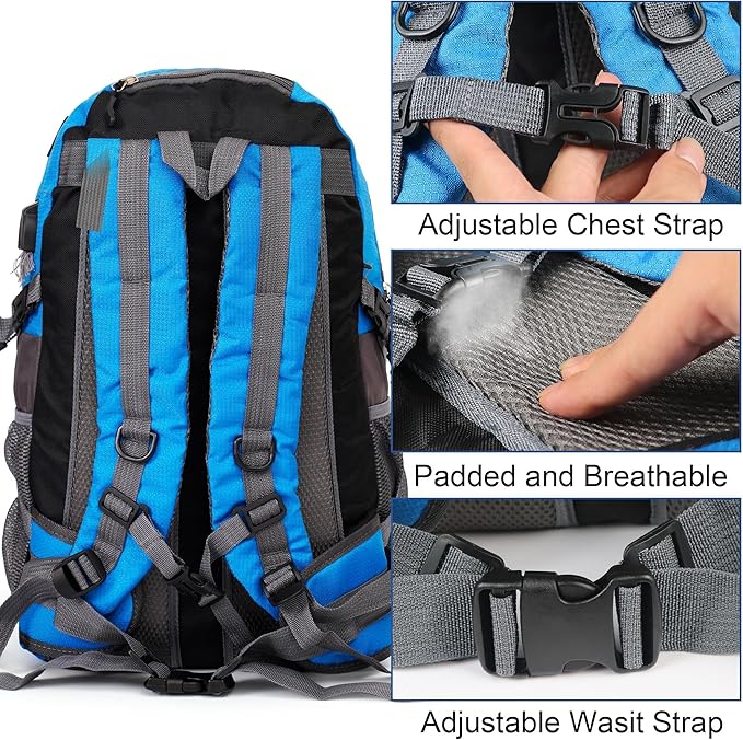 40L Waterproof Hiking Backpack Durable Travel Rucksack With Multi Pockets Blue