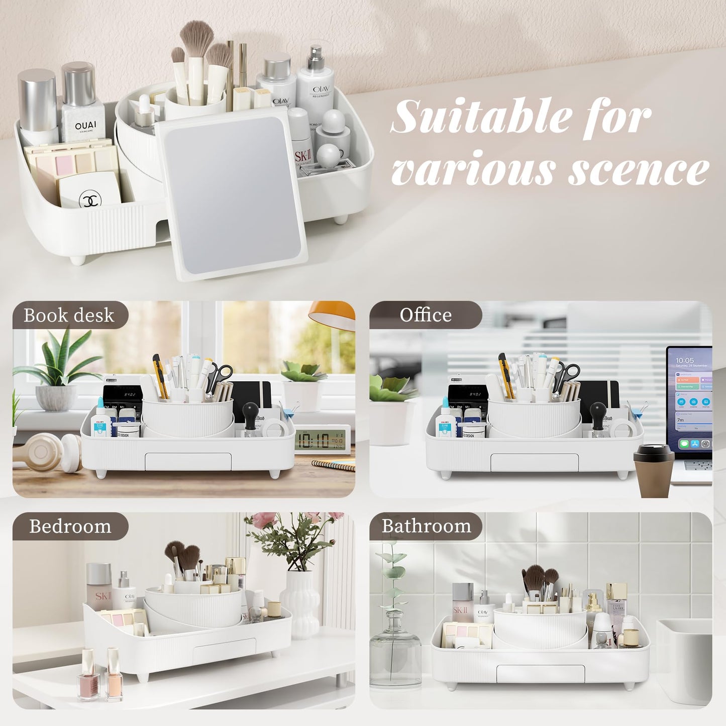 360° Rotating Makeup Organiser with Mirror – Large Capacity Cosmetic Storage Box | Multi-Compartment