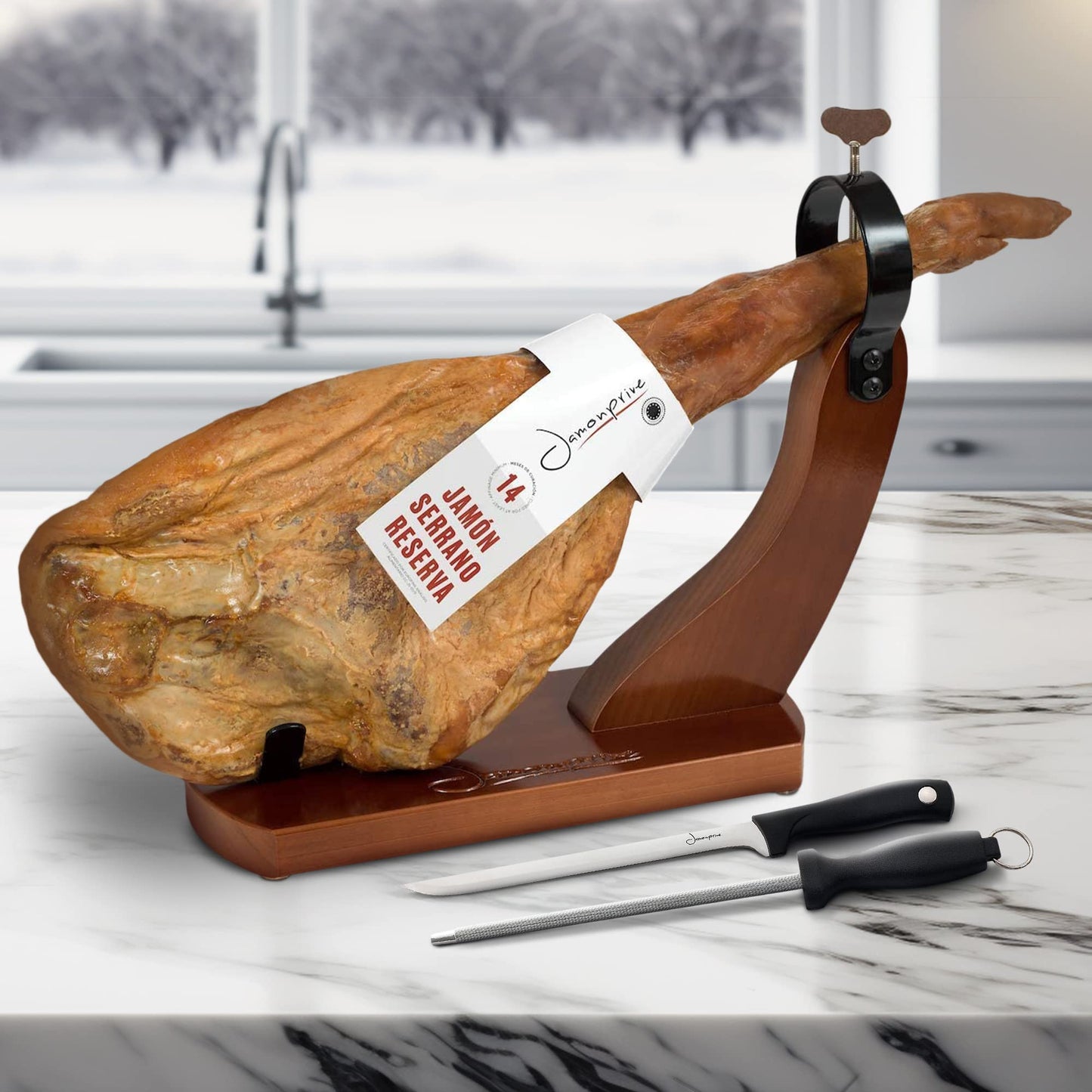 Ham Stand Set with Knife & Sharpening Steel Non-Slip Pads Carving Holder