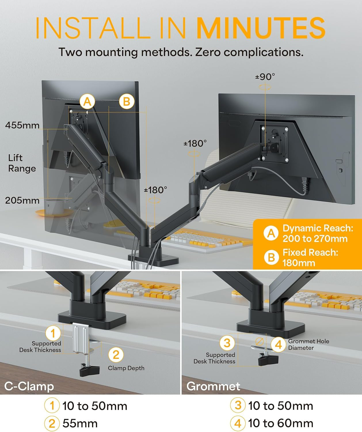 Dual 32-Inch Monitor Arm Desk Mount Height Adjustable VESA Gas Spring - Black