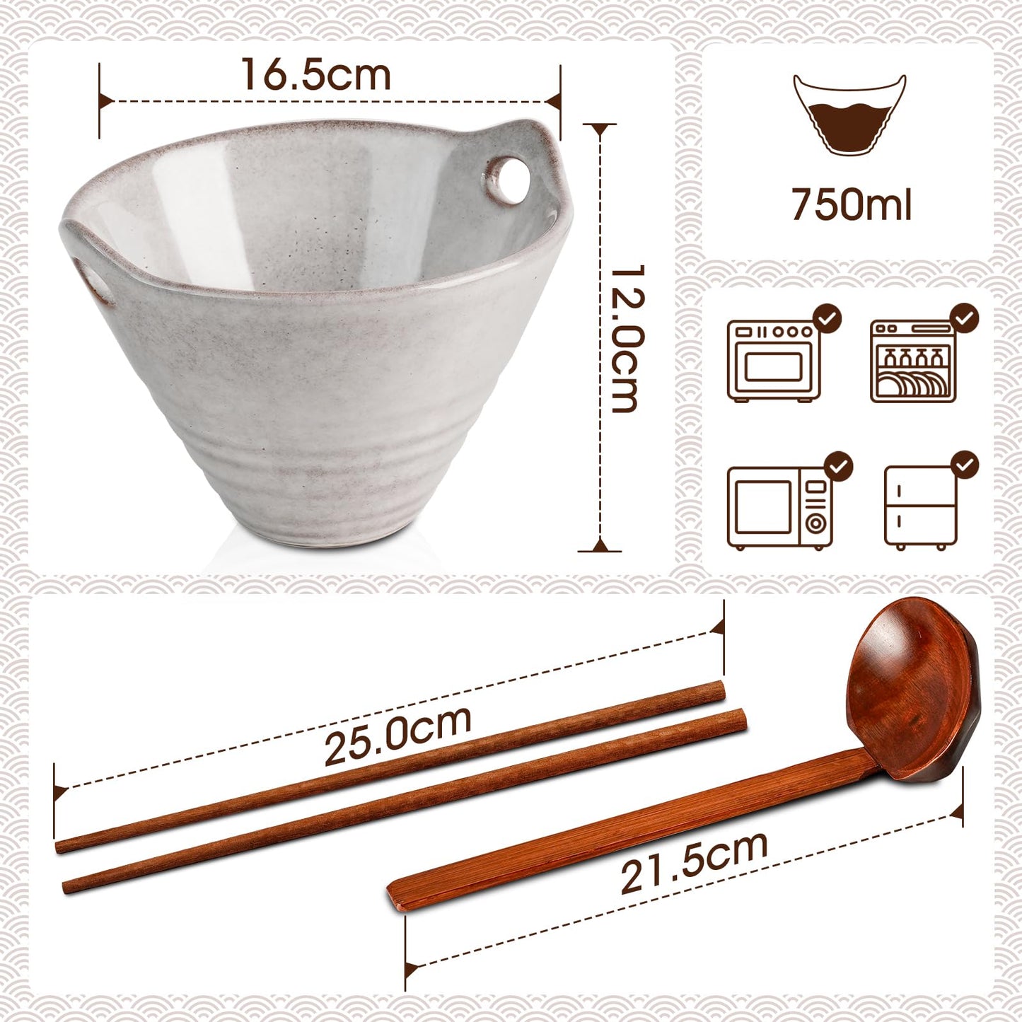 NUTRIUPS 700ml Ceramic Ramen Bowl Set with Spoons & Chopsticks - 2pcs