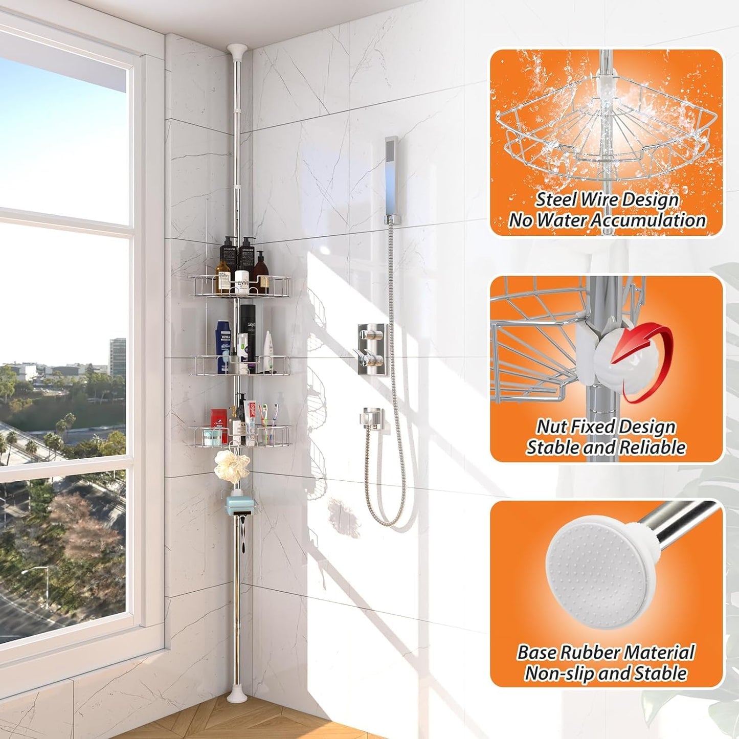 Shower Caddy Corner Storage Adjustable Shelves Tension Pole Silver