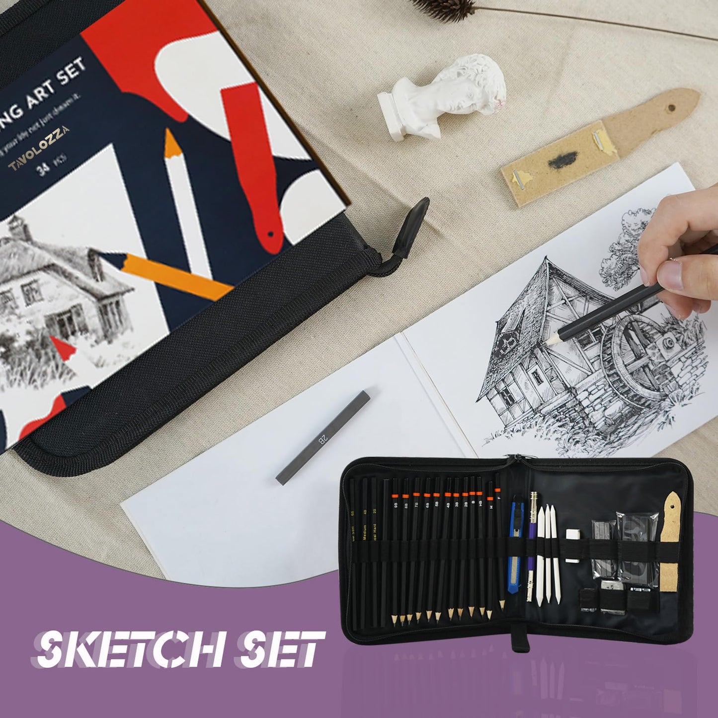 Tavolozza 34-Piece Sketching & Drawing Set with Pencils, Charcoal & Case