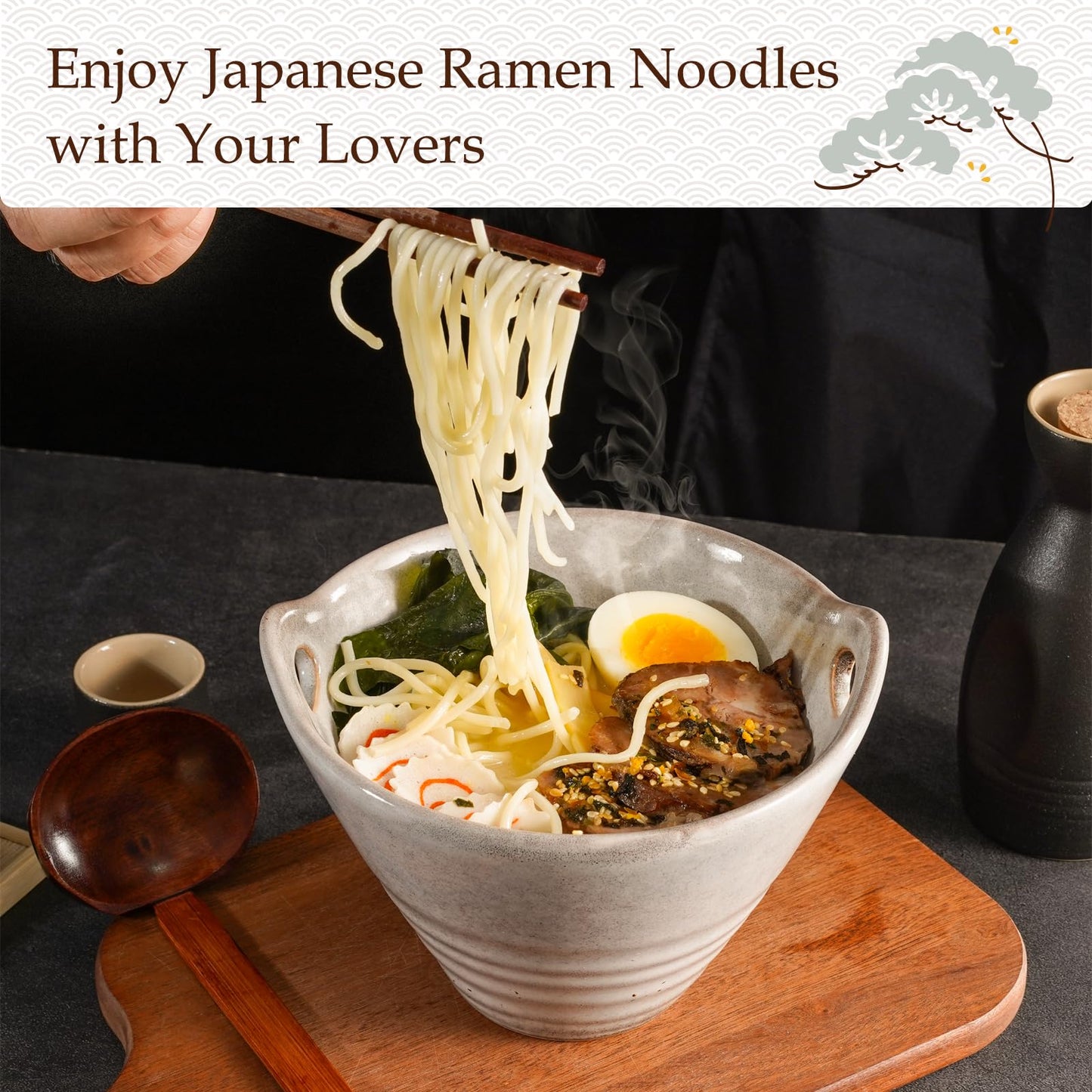 NUTRIUPS 700ml Ceramic Ramen Bowl Set with Spoons & Chopsticks - 2pcs