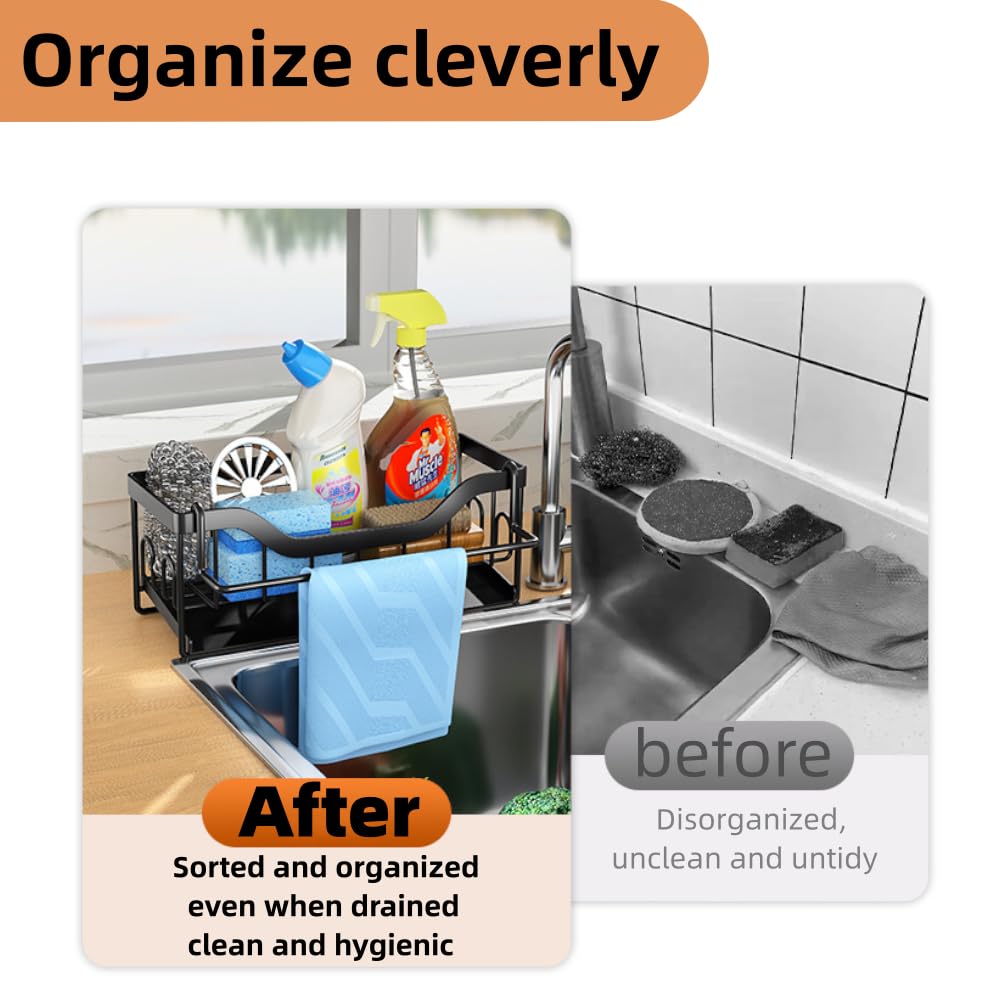 DMJWAN Kitchen Sink Caddy Organizer 304 Stainless Steel Sponge Holder - Black-b
