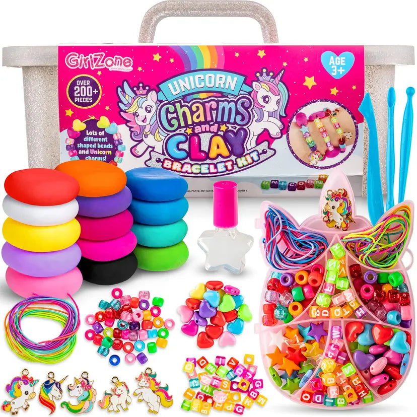 GirlZone Unicorn Charms and Clay Bracelet Kit, Jewellery Making Kit with Unicorn Charms
