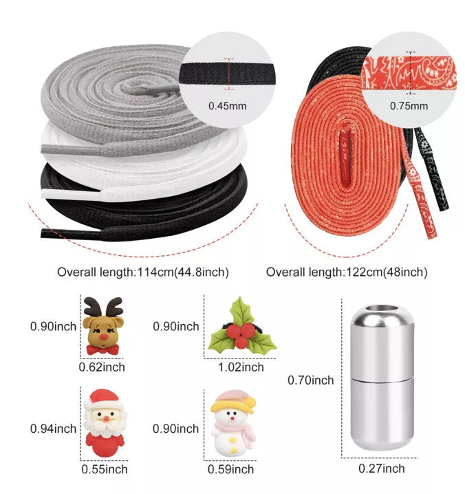 No‑Tie Elastic Shoe Laces Set ‑ 5 Funky Designs & Christmas Charms
