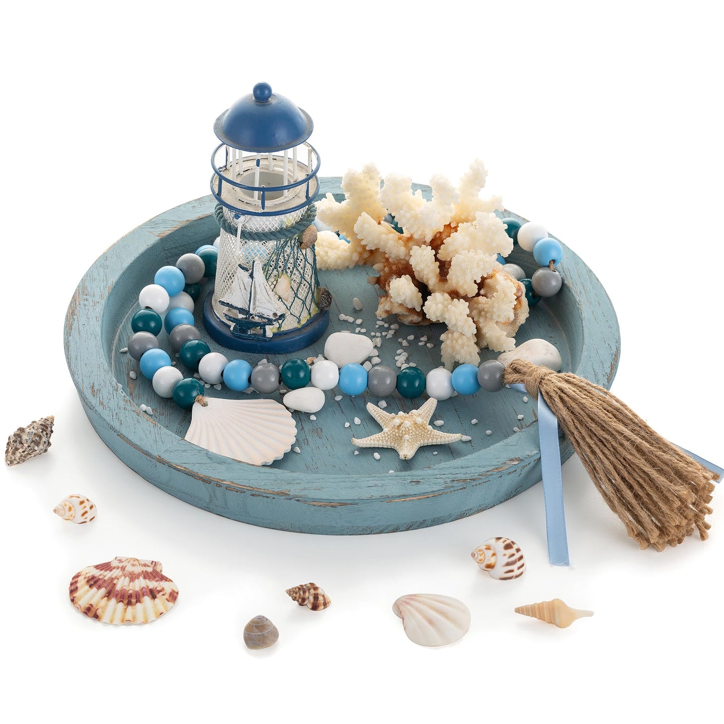 Coastal Blue Round Decorative Tray – Rustic Farmhouse Wooden Centrepiece 28 cm