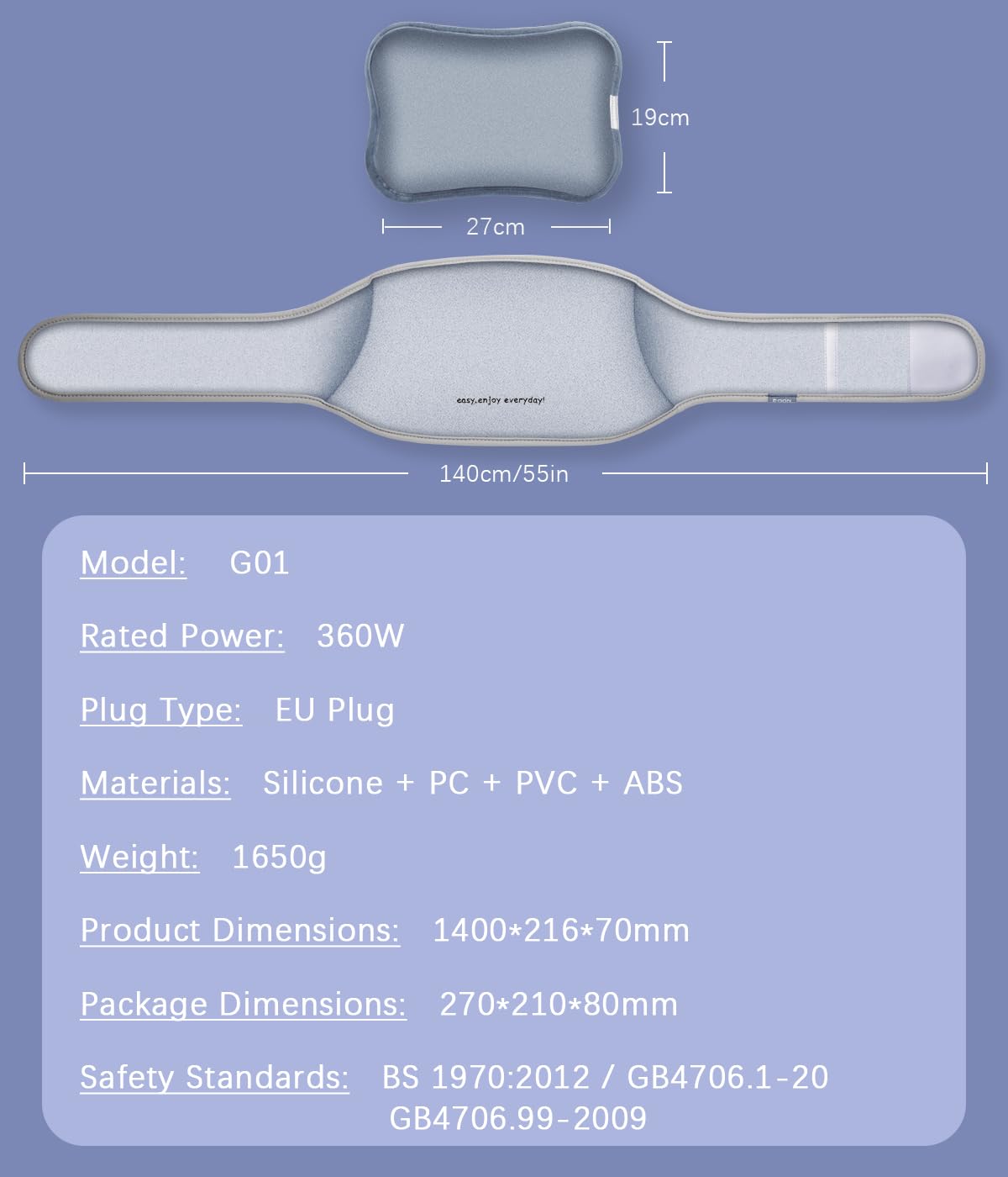 Snowpea Electric Hot Water Bottle with 55" Belt – Grey