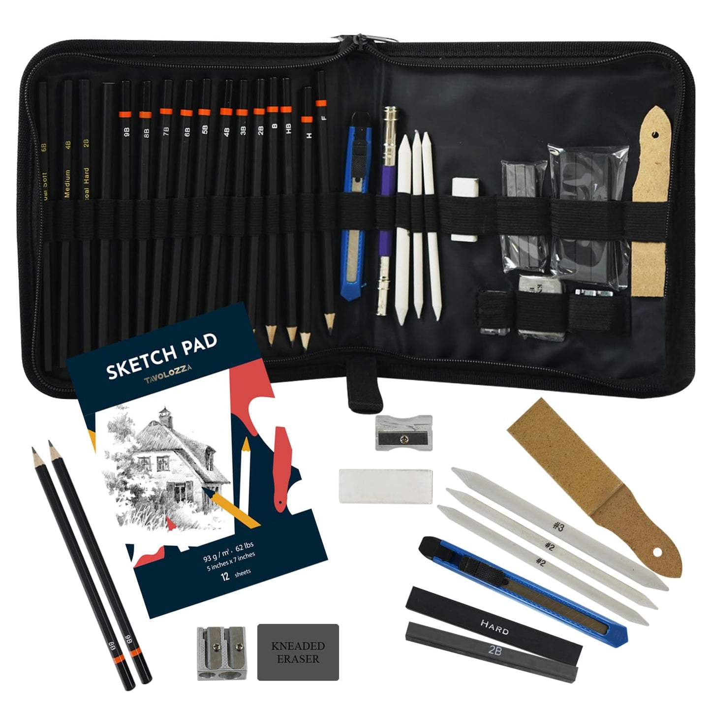 Tavolozza 34-Piece Sketching & Drawing Set with Pencils, Charcoal & Case