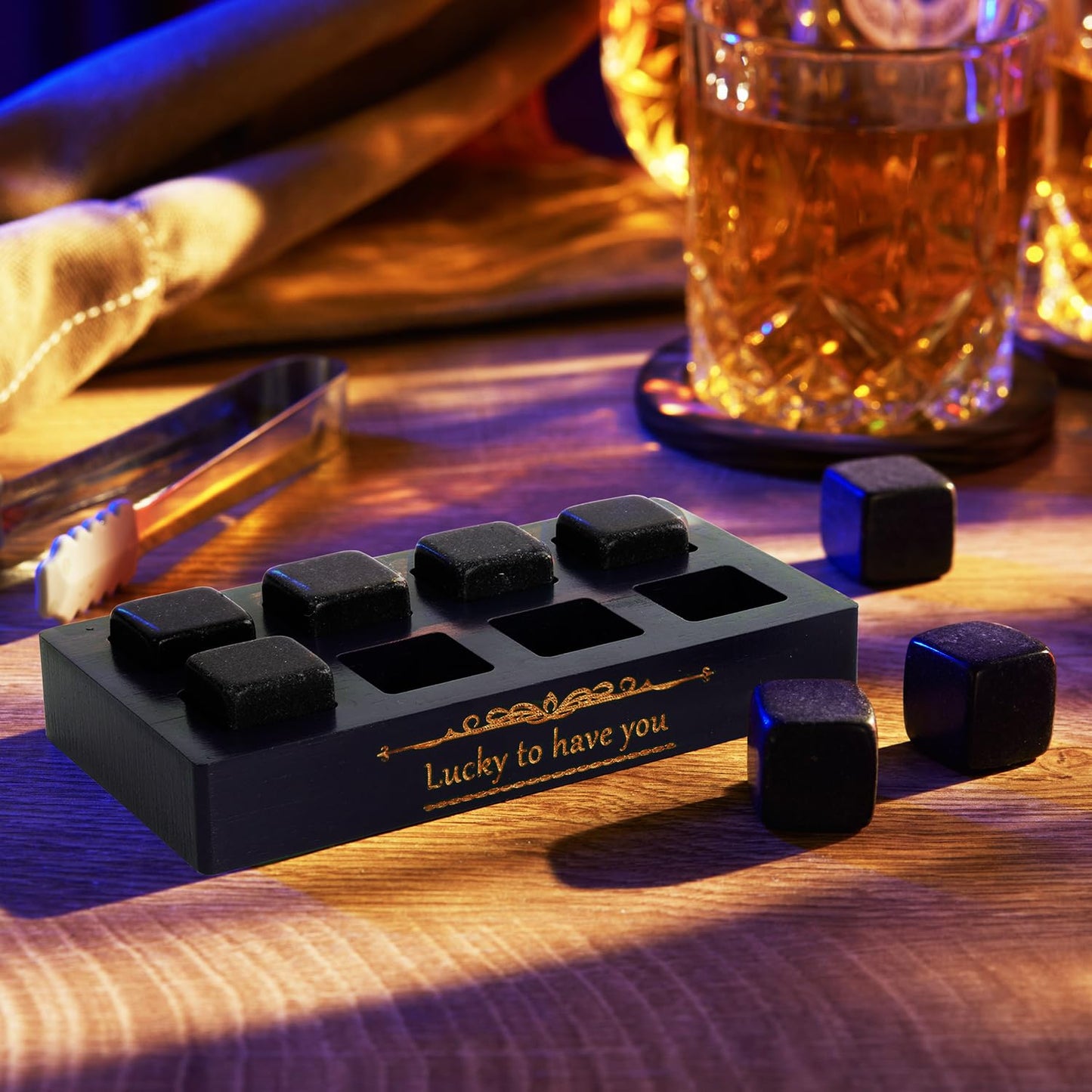 EASTSTORM Whisky Gift Set – 2 Glasses + 8 Chilling Stones & Wooden Box
