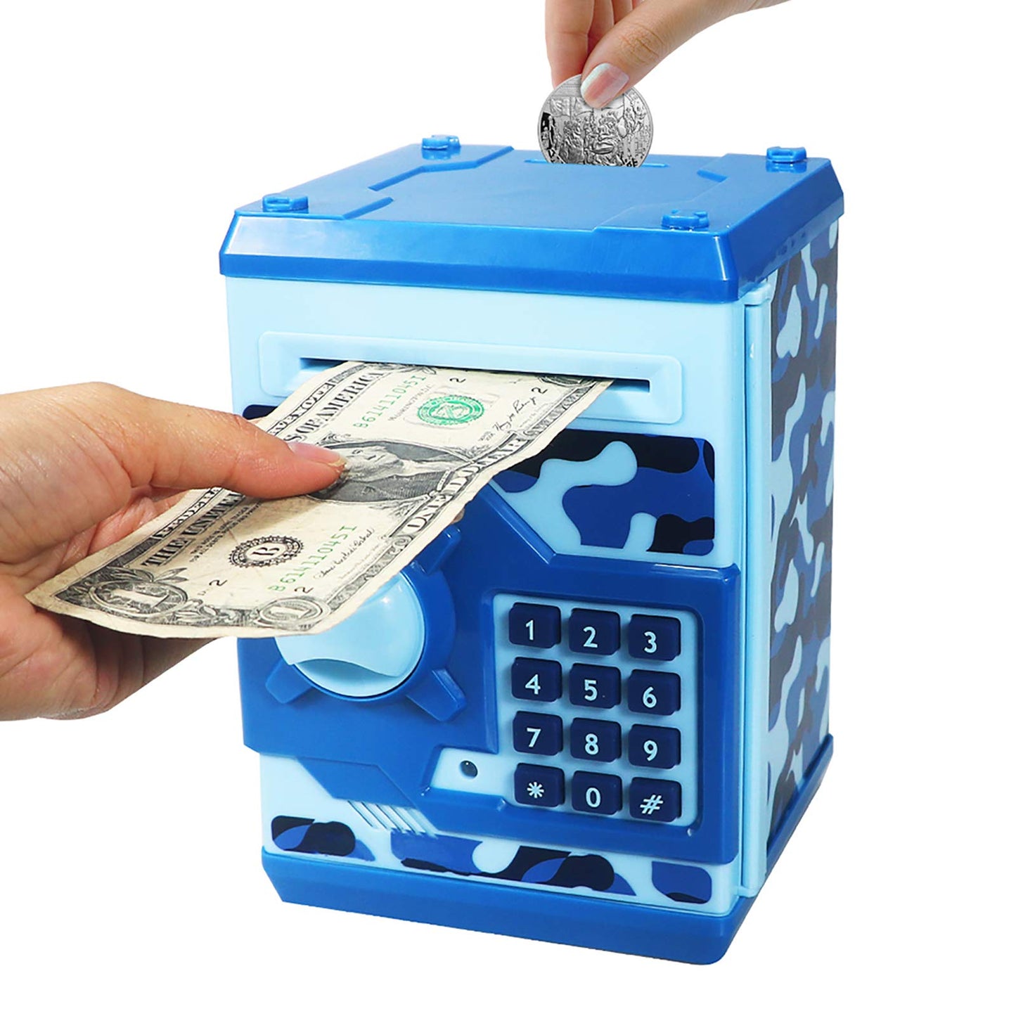 Saodom Mini ATM Money Box – Secure Kids’ Coin Bank, 4‑Digit Code, Camouflage