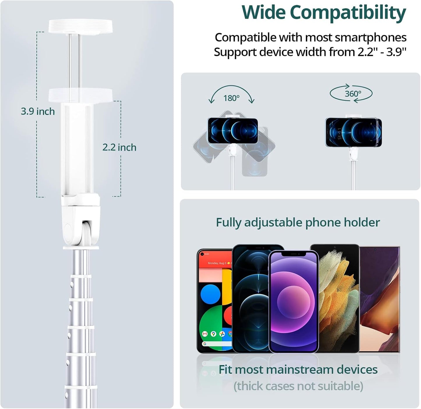 Selfie Stick Tripod 65 Inch Bluetooth Remote Phone Stand White