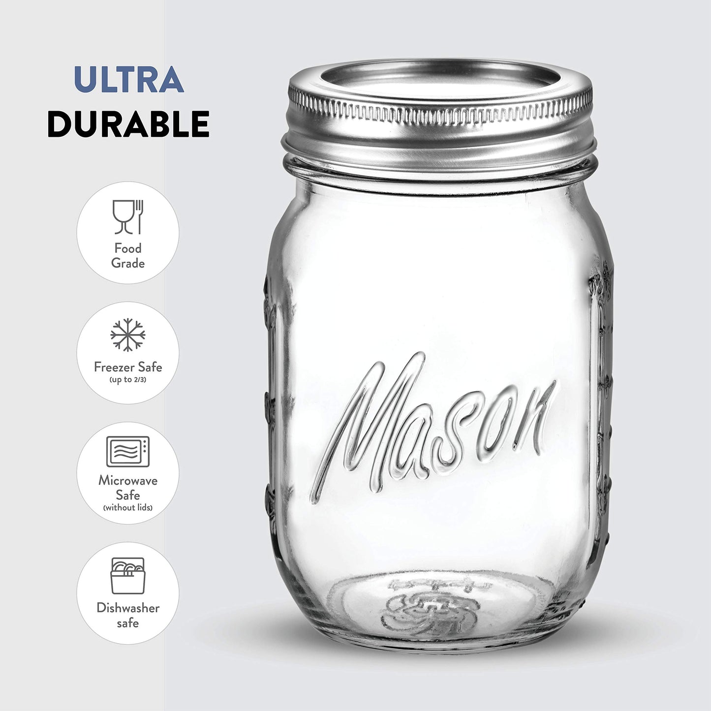 Premium Glass Mason Jars 474ml with Airtight Silver Lids - 6 Pack