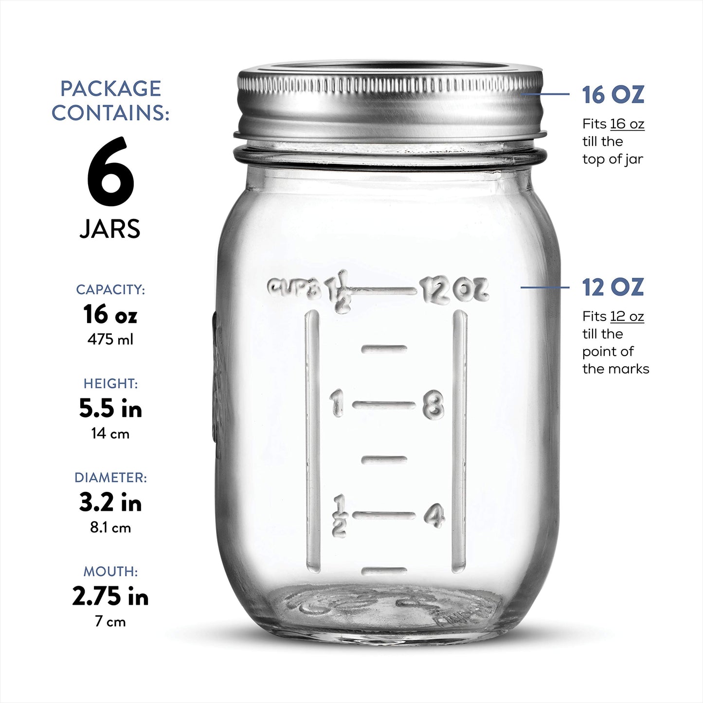 Premium Glass Mason Jars 474ml with Airtight Silver Lids - 6 Pack