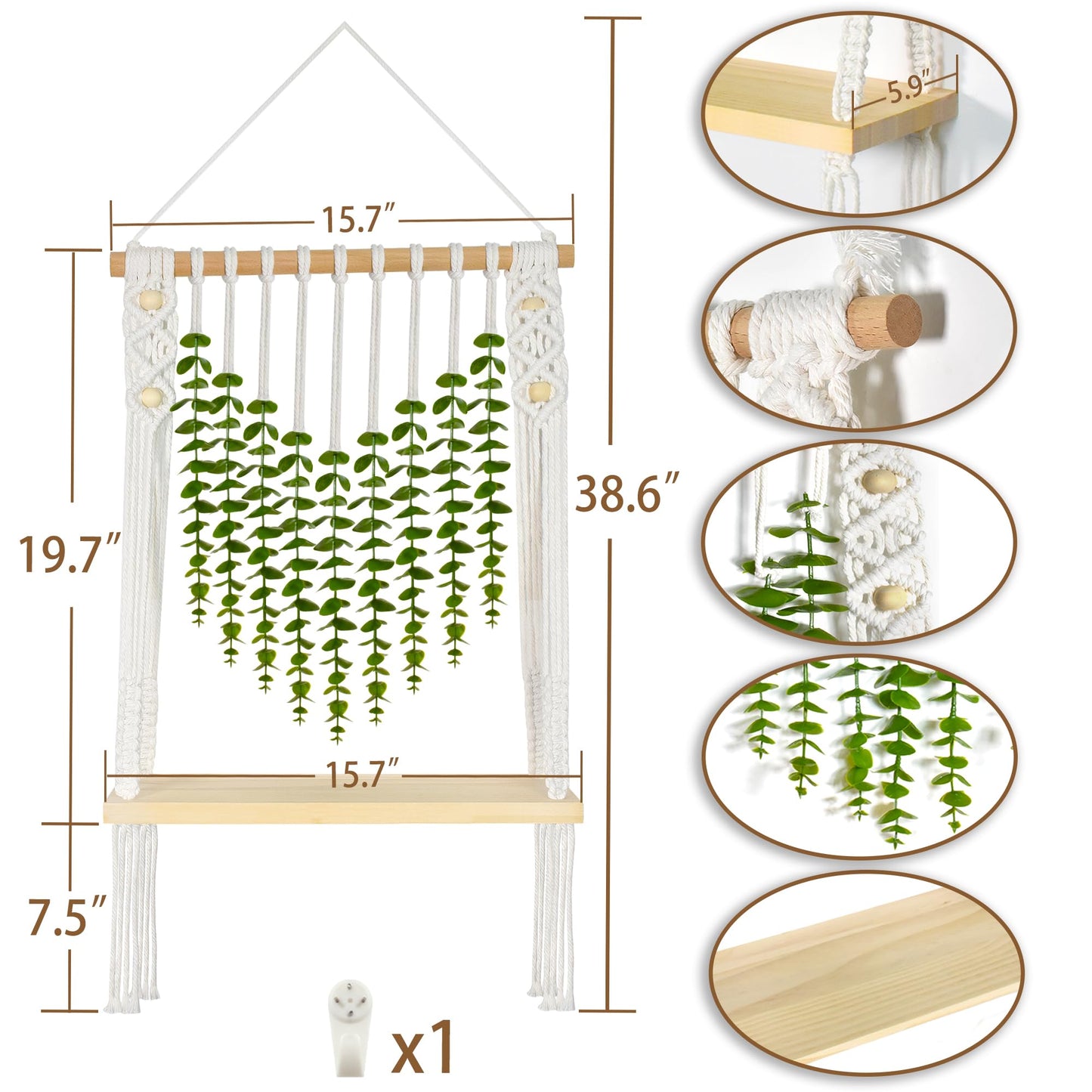 Sopicoz Boho Macrame Hanging Wall Shelf Wooden Display with Eucalyptus