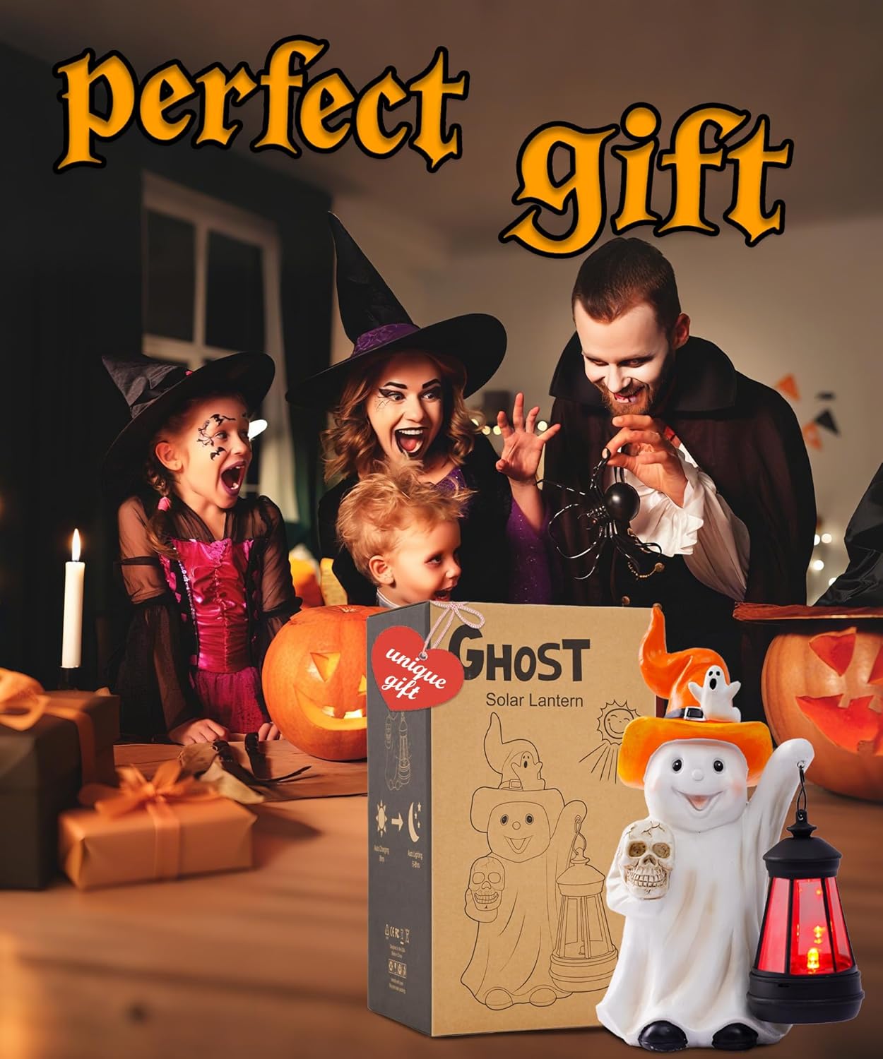 Solar Halloween Ghost Statue with Lantern and Cracked Skull Outdoor Resin LED