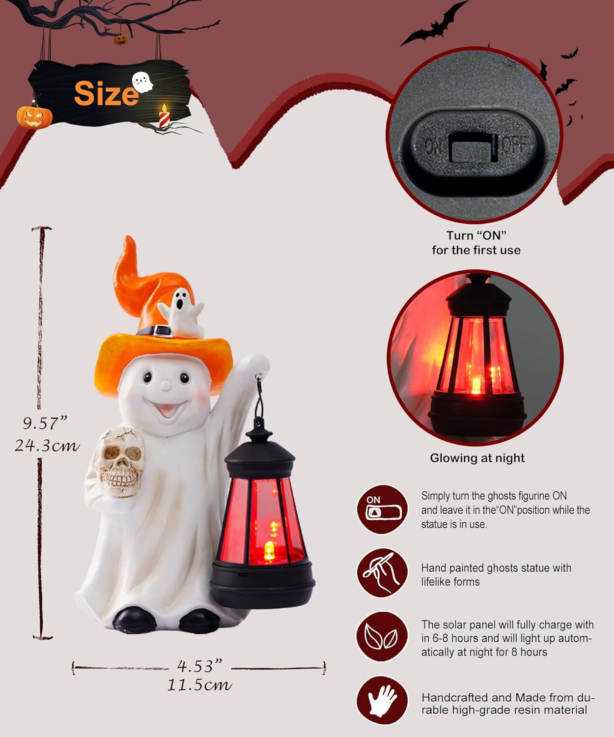 Solar Halloween Ghost Statue with Lantern and Cracked Skull Outdoor Resin LED