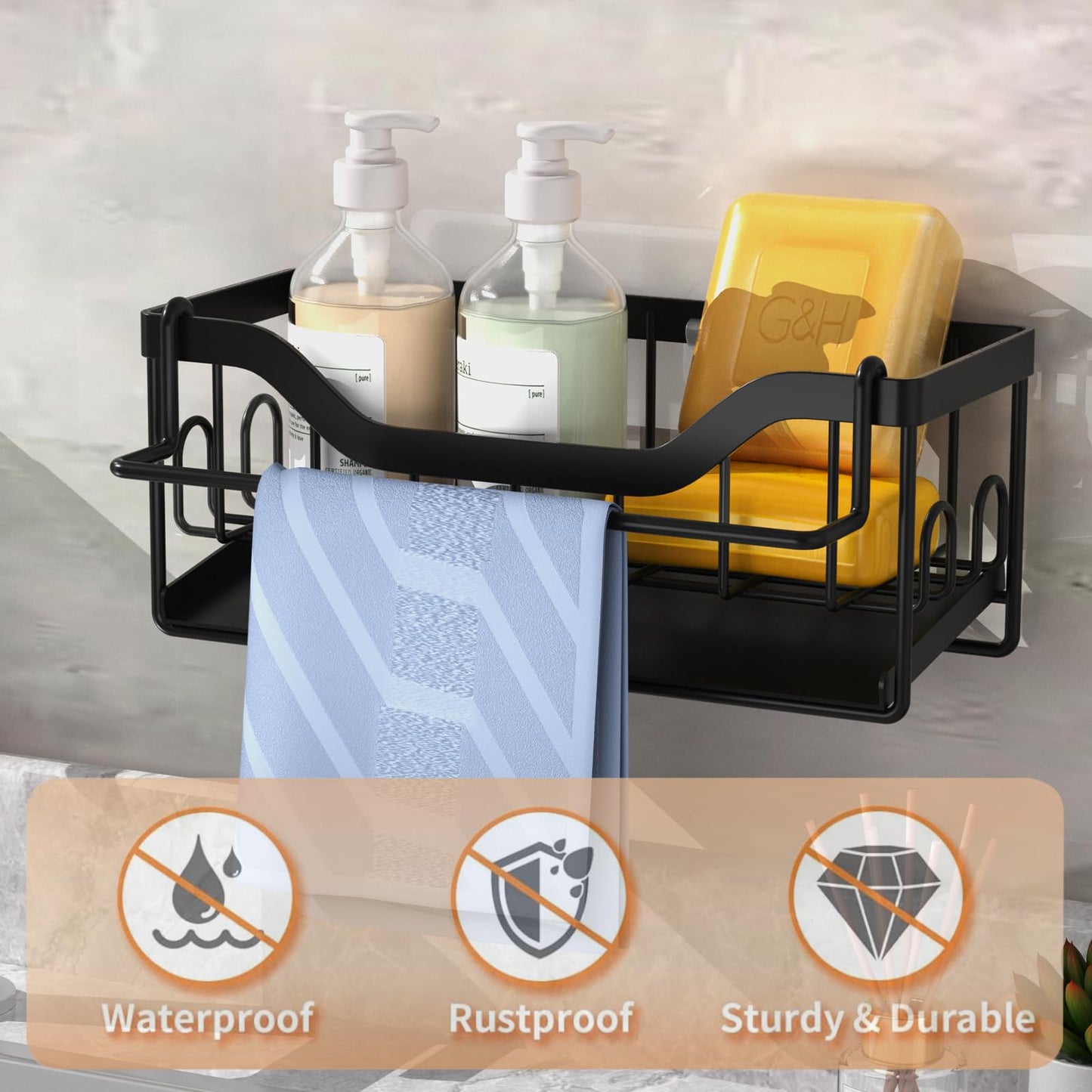 DMJWAN Kitchen Sink Caddy Organizer 304 Stainless Steel Sponge Holder - Black-b