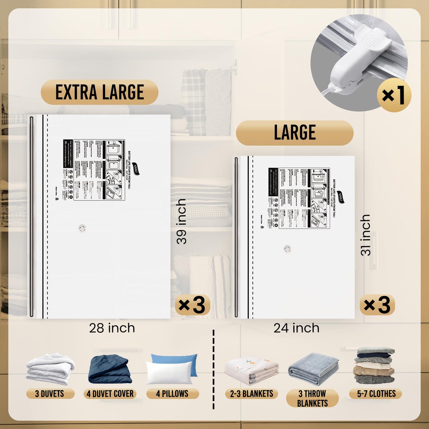 Vacuum Storage Bags 4 Pack (2 Large + 2 XL) Reusable Space Saver Long Zip