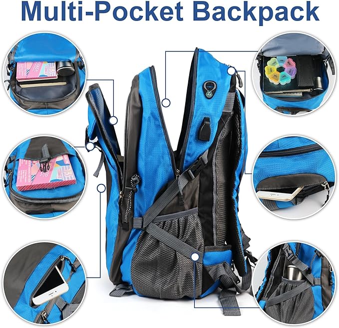 40L Waterproof Hiking Backpack Durable Travel Rucksack With Multi Pockets Blue