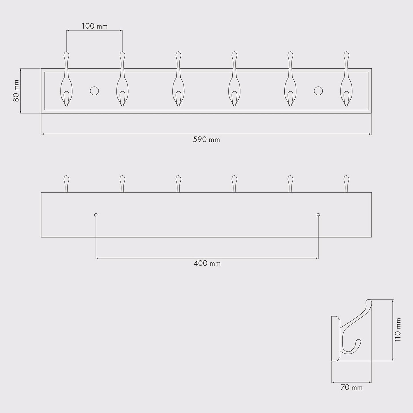 Wall Mounted Coat Rack with 6 Heavy Duty Hooks White Bamboo