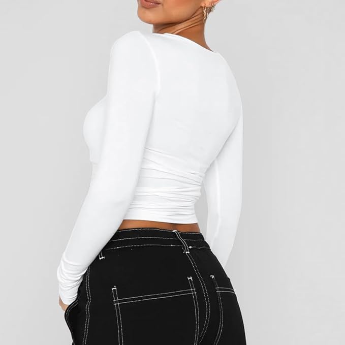 Womens Long Sleeve Crop Top Slim Fit Aesthetic Streetwear White