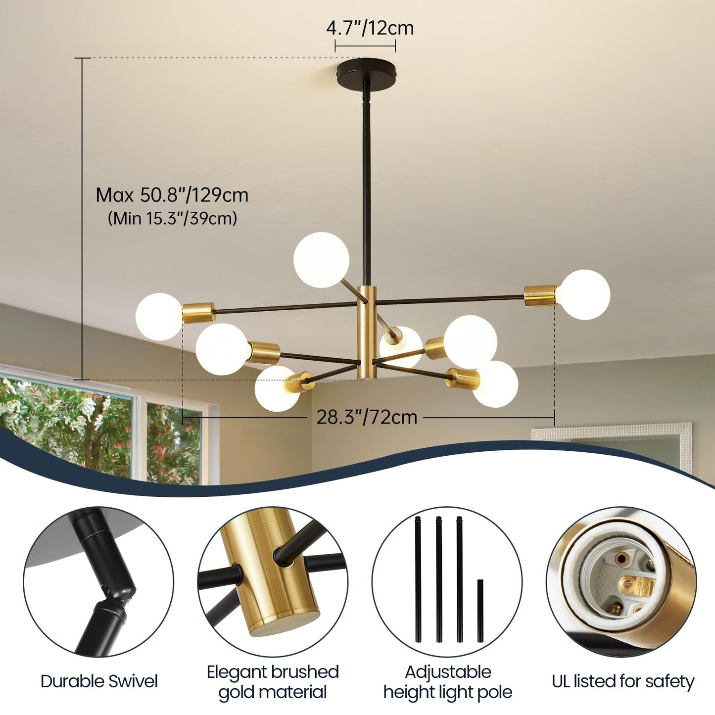 Sputnik Chandelier Ceiling Light 8-Light Modern Black & Gold - 107cm