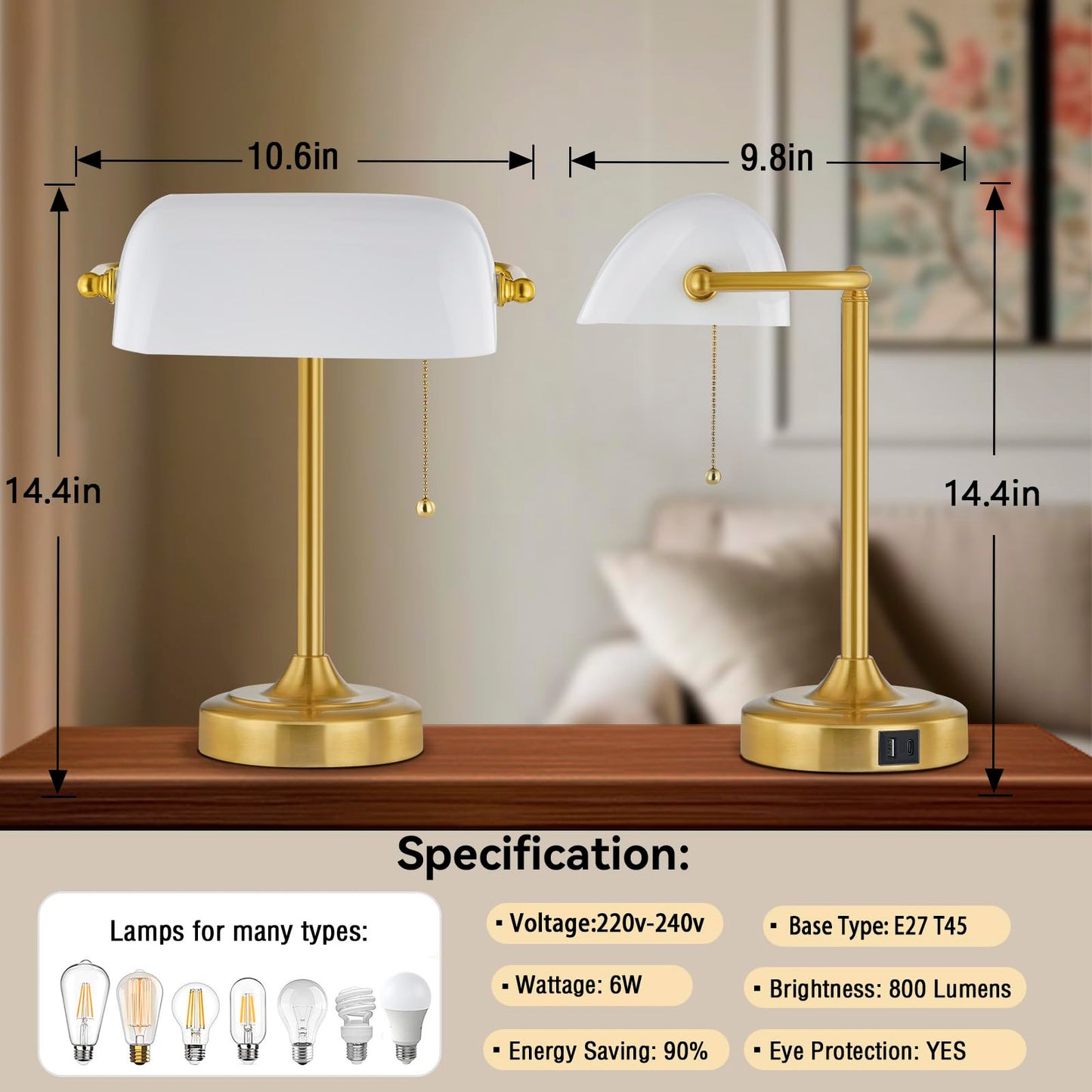 Vintage Bankers Desk Lamp USB Type C Charging Pull Chain Light
