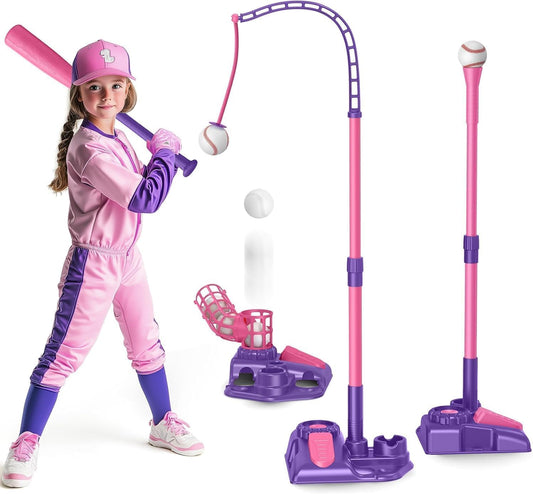 Mytrix Pink 3-in-1 Kids T-Ball Set – Tee, Pitching Machine & Batting Stand