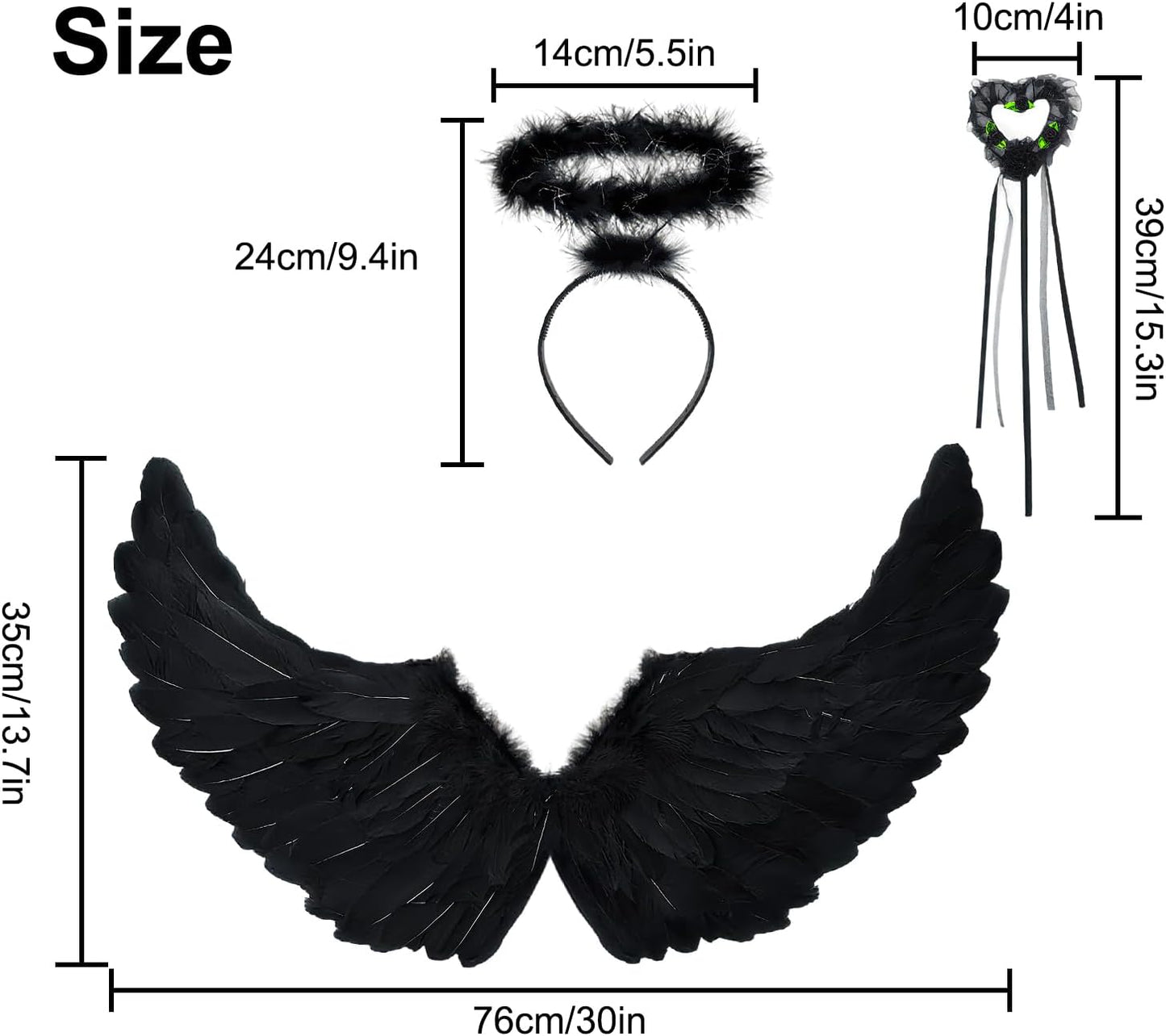 Black Feather Angel Wings Halo Wand Costume Set