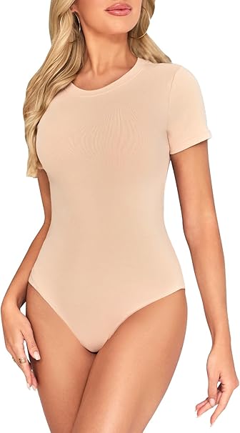 Womens Short Sleeve Bodysuit Slim Fit Stretch Casual Top Nude