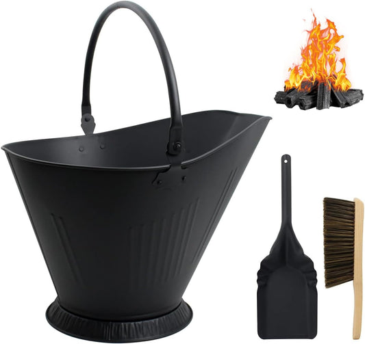 12 L Fireplace Ash Bucket with Lid, Shovel, Broom & Gloves – Ash Cleaning Kit
