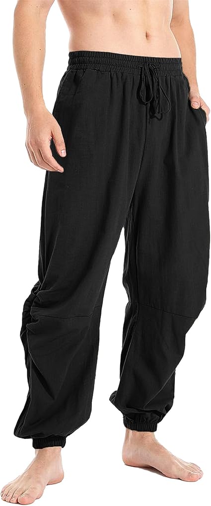 Mens Hippy Yoga Trousers Slim Fit Viking Pants With Pocket Black