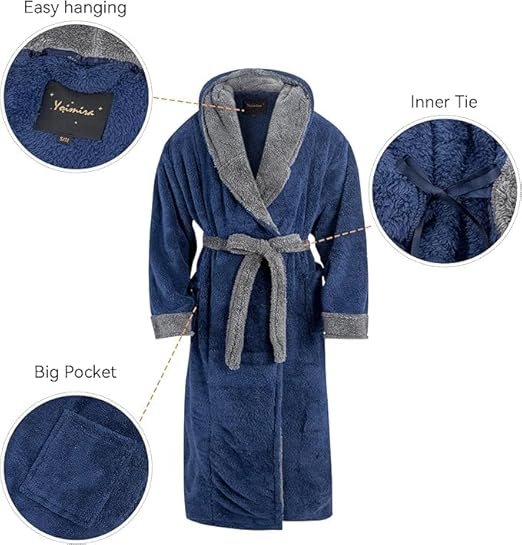 Mens Hooded Dressing Gown Plush Fleece Full Length Bathrobe Warm